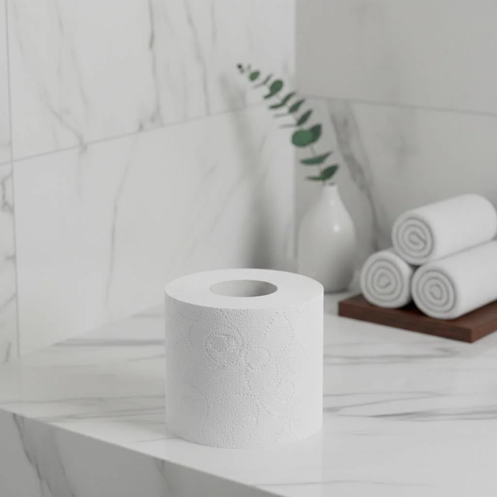 Rolls of environmentally friendly toilet paper stacked on a wooden surface