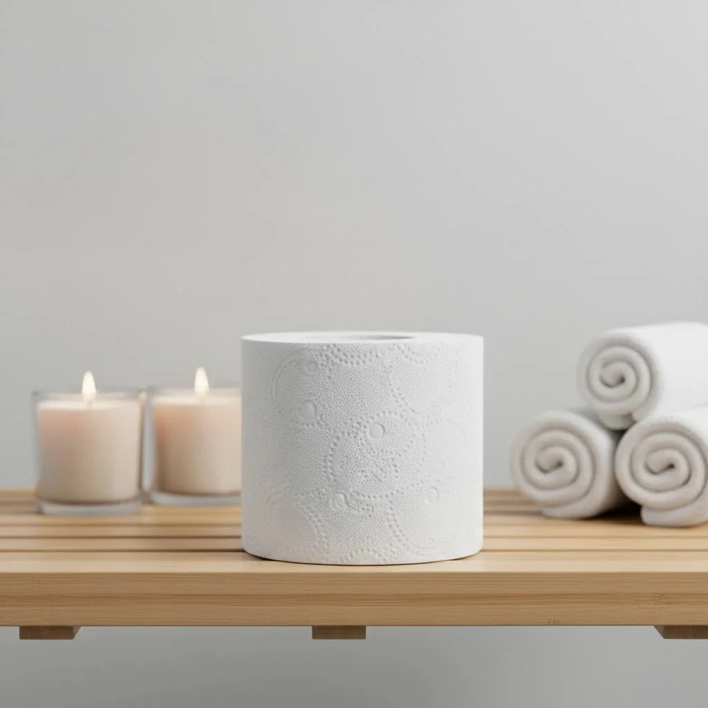 Angel Soft toilet paper rolls on a bathroom counter