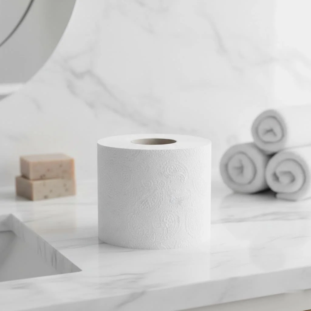 Pink toilet paper rolls in a modern bathroom