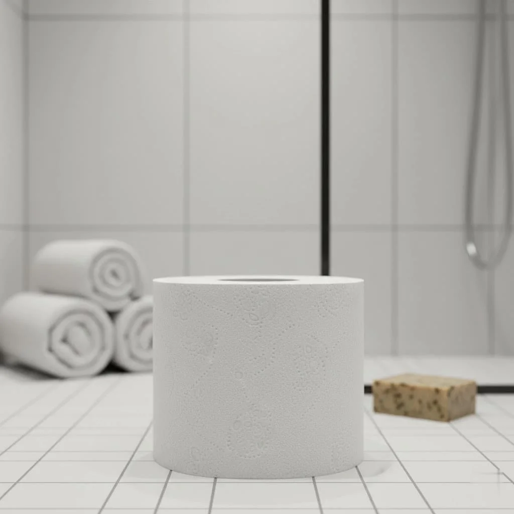 Stack of bamboo toilet paper rolls in a bathroom